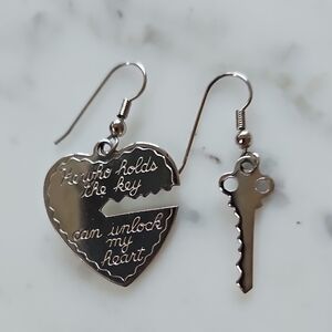 Vintage Heart Lock & Key Dangle Earrings